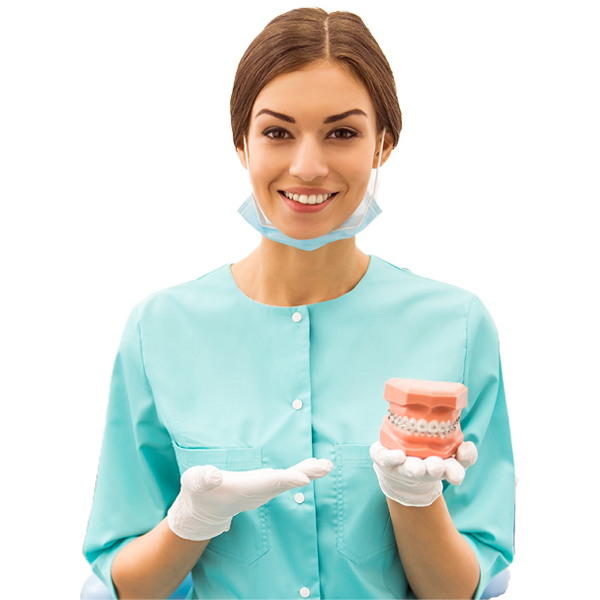 A dentist in uniform presenting a teeth model.